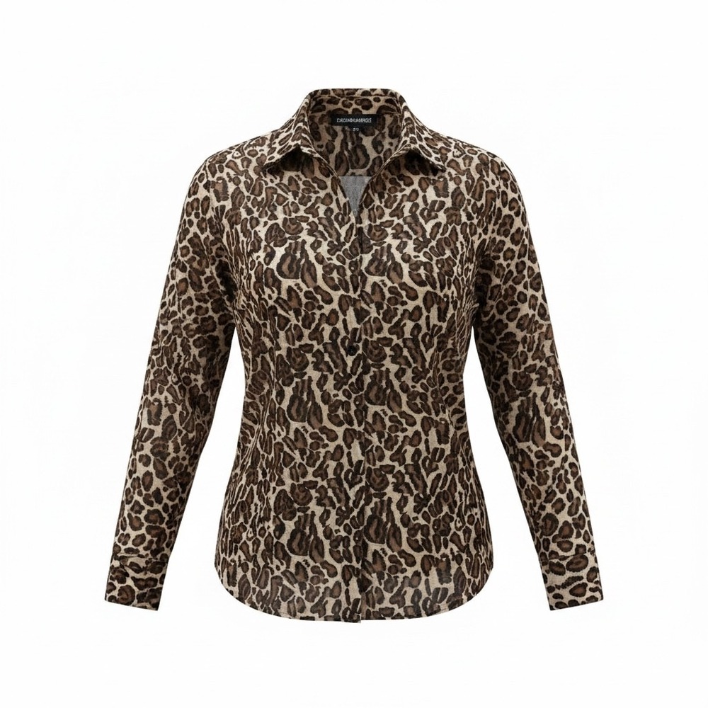 Sag Harbor Womens Leopard Print Button Down Blouse Tan Brown Size 10